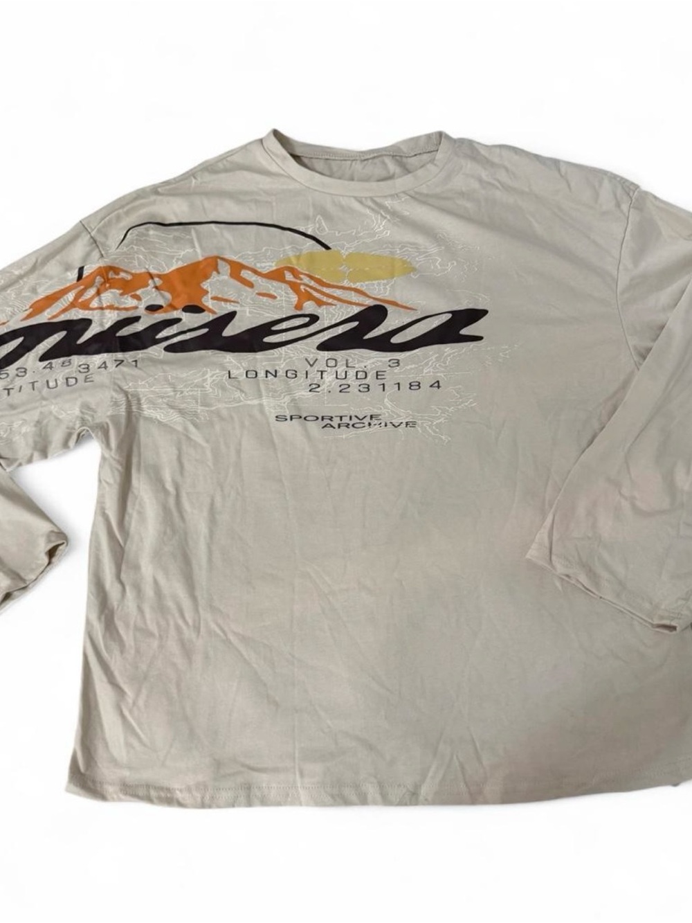 Musera cream long sleeve shirt with mountain graphic and text #musera #mountain